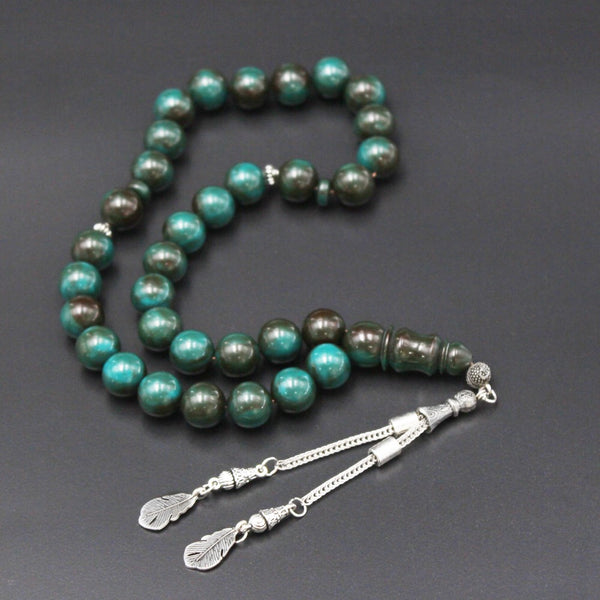 Rosary Miski Debsorashi , Green wavy brown color , Medium bead ,made with durable fluorocarbon thread and a tassel made of antimony and metal