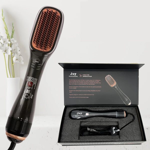 Joy Styler 2 in 1 brush ,combines a hair dryer and straightening ceramic for a stunning and radiant hair , with ion technology to maintain hair moisture.