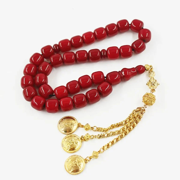 Antique Turkish faturan rosary in a wonderful Red Cheery color, woven with a strong propylene thread and with a tassel made of a mixture of golden antimony and metal.