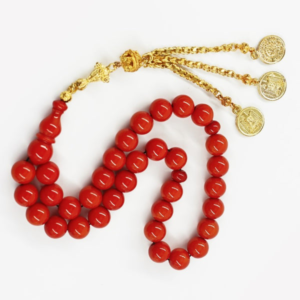 Antique Turkish faturan rosary in a wonderful honey color, medium bead, woven with durable propylene thread and with a tassel made of a mixture of golden antimony and metal.
