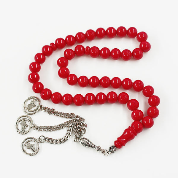 Antique musky sandalous rosary in a strong cherry red color, a small bead woven with durable propylene thread and a tassel made of a mixture of antimony and metal.