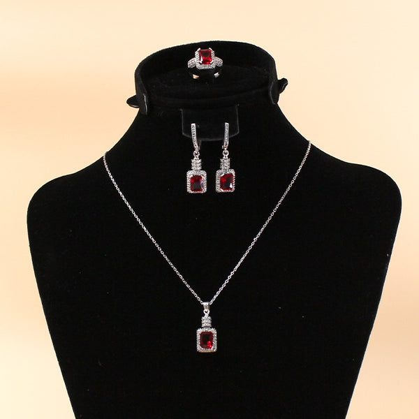 Fine 925 Silver Jewelry set inlaid with colored stones, consisting of 3 pieces, Ring, Necklace and Earrings - JE001