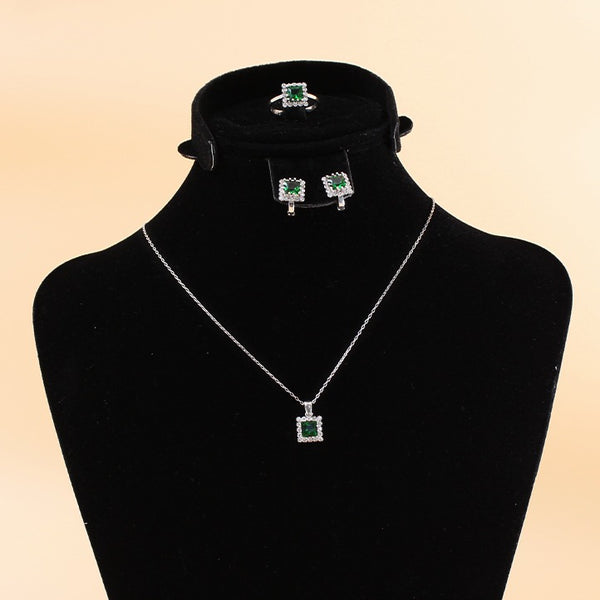 Fine 925 Silver Jewelry set inlaid with colored stones, consisting of 3 pieces, Ring, Necklace and Earrings - JE003