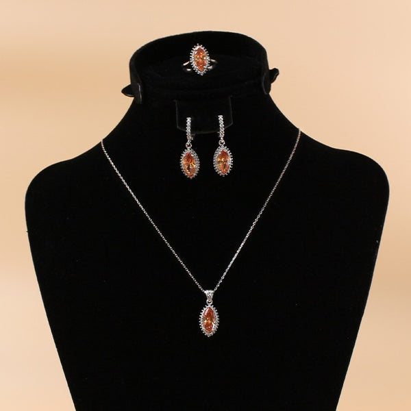 Fine 925 Silver Jewelry set inlaid with colored stones, consisting of 3 pieces, Ring, Necklace and Earrings - JE008