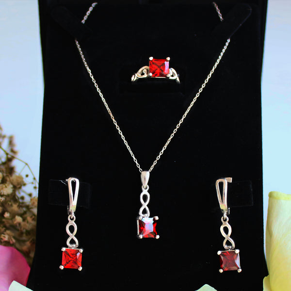 Fine 925 Silver Jewelry set inlaid with colored stones, consisting of 3 pieces, Ring, Necklace and Earrings - JE012