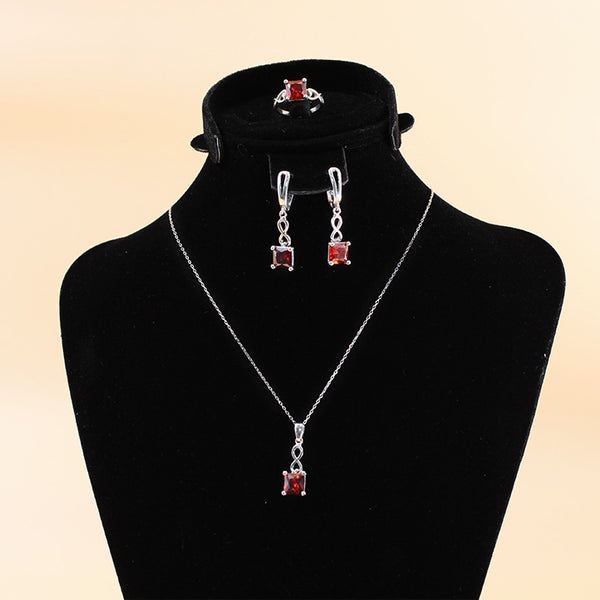 Fine 925 Silver Jewelry set inlaid with colored stones, consisting of 3 pieces, Ring, Necklace and Earrings - JE012