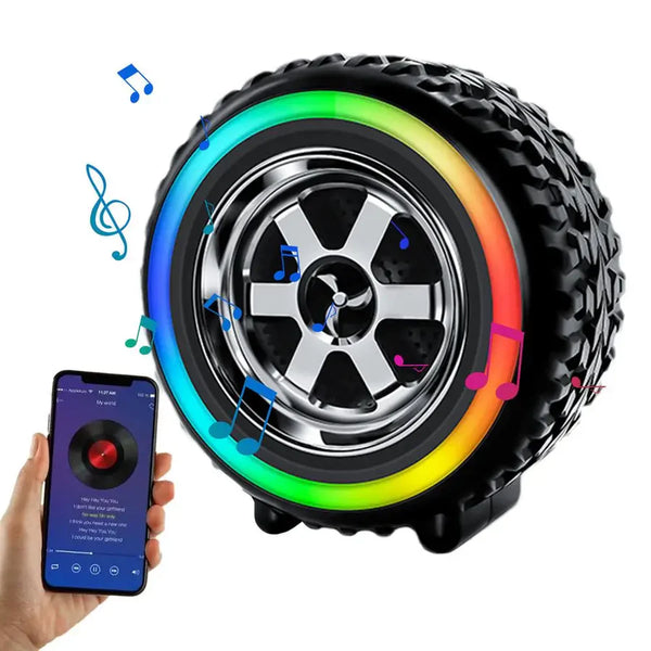 Bluetooth Speaker in Car Wheel Shape with RGB Lighting, Powerful Sound, and Stereo Pairing